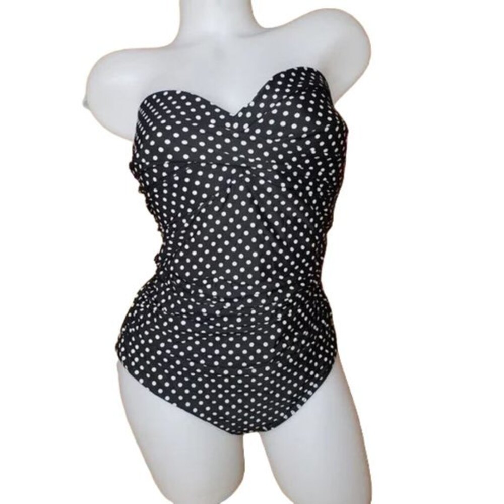 MIRCLESUIT Vintage Strapless Swimsuit Black White Polka Dots Rockabilly Medium